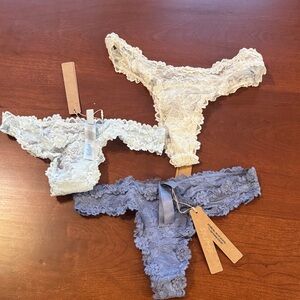 SKIMS Lace Thong Set in Cream, Light Blue, and Blue